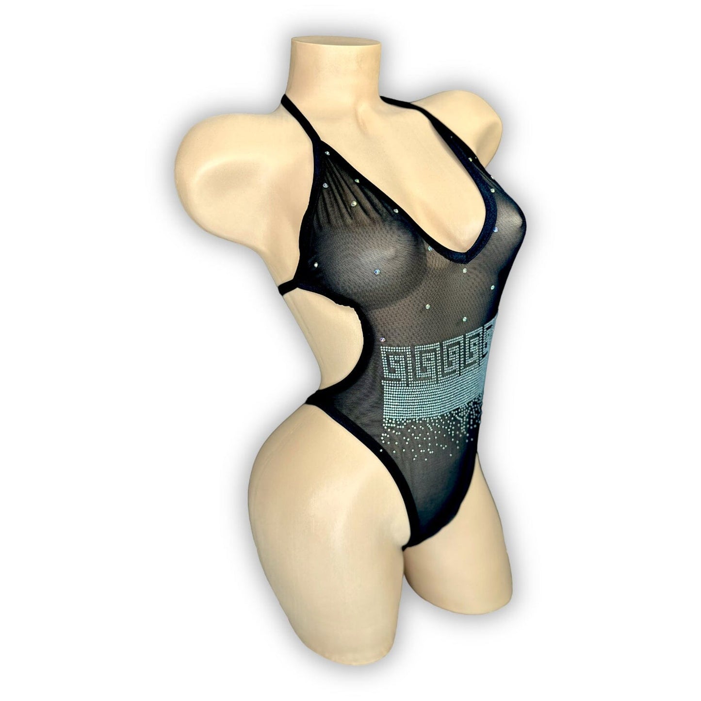 Kendall black mesh rhinestone bodysuit thong back detail, side view — Golddiggers Boutique exotic dancewear