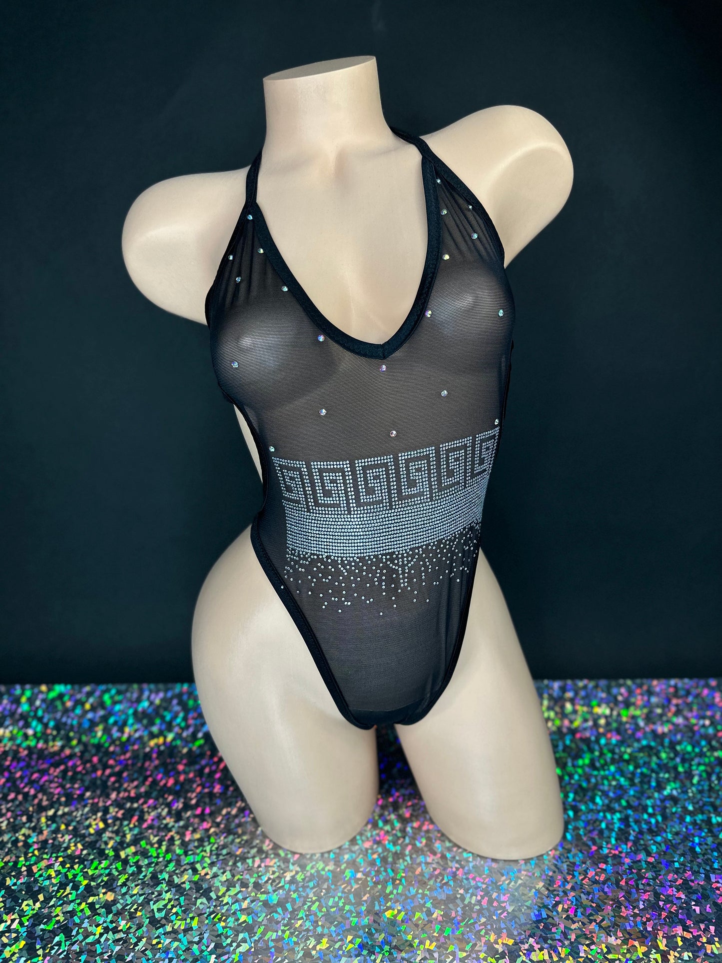 Kendall black mesh rhinestone bodysuit square swirl applique detail, close-up — Golddiggers Boutique exotic dancewear