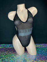 Kendall black mesh rhinestone bodysuit square swirl applique detail, close-up — Golddiggers Boutique exotic dancewear