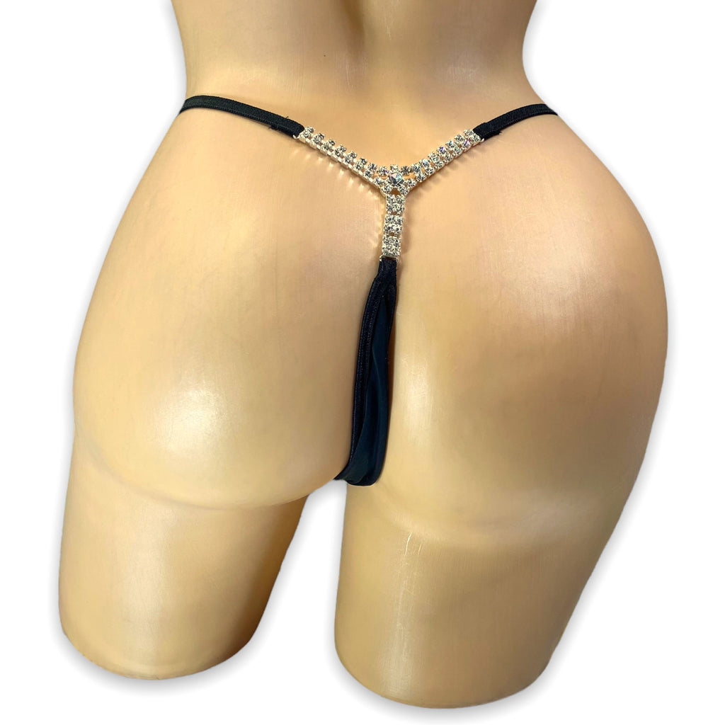 Black Rhinestone Y Back Thong