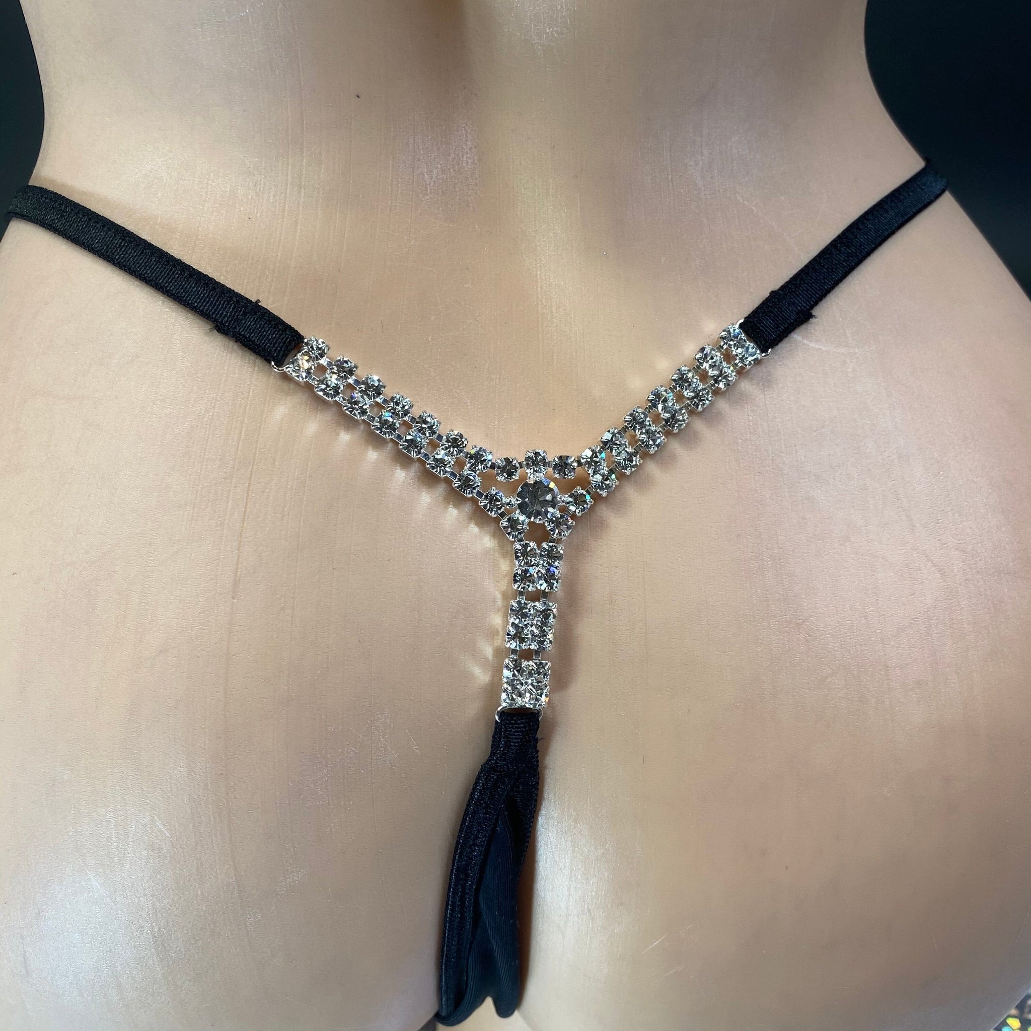 Black Rhinestone Y Back Thong