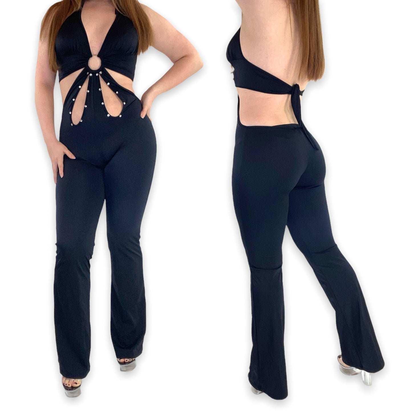 Black Rhinestoned O-Ring Talula Halter Jumpsuit