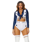Silver fringe cheerleader costume with blue star details, front view — Golddiggers Boutique exotic dancewear