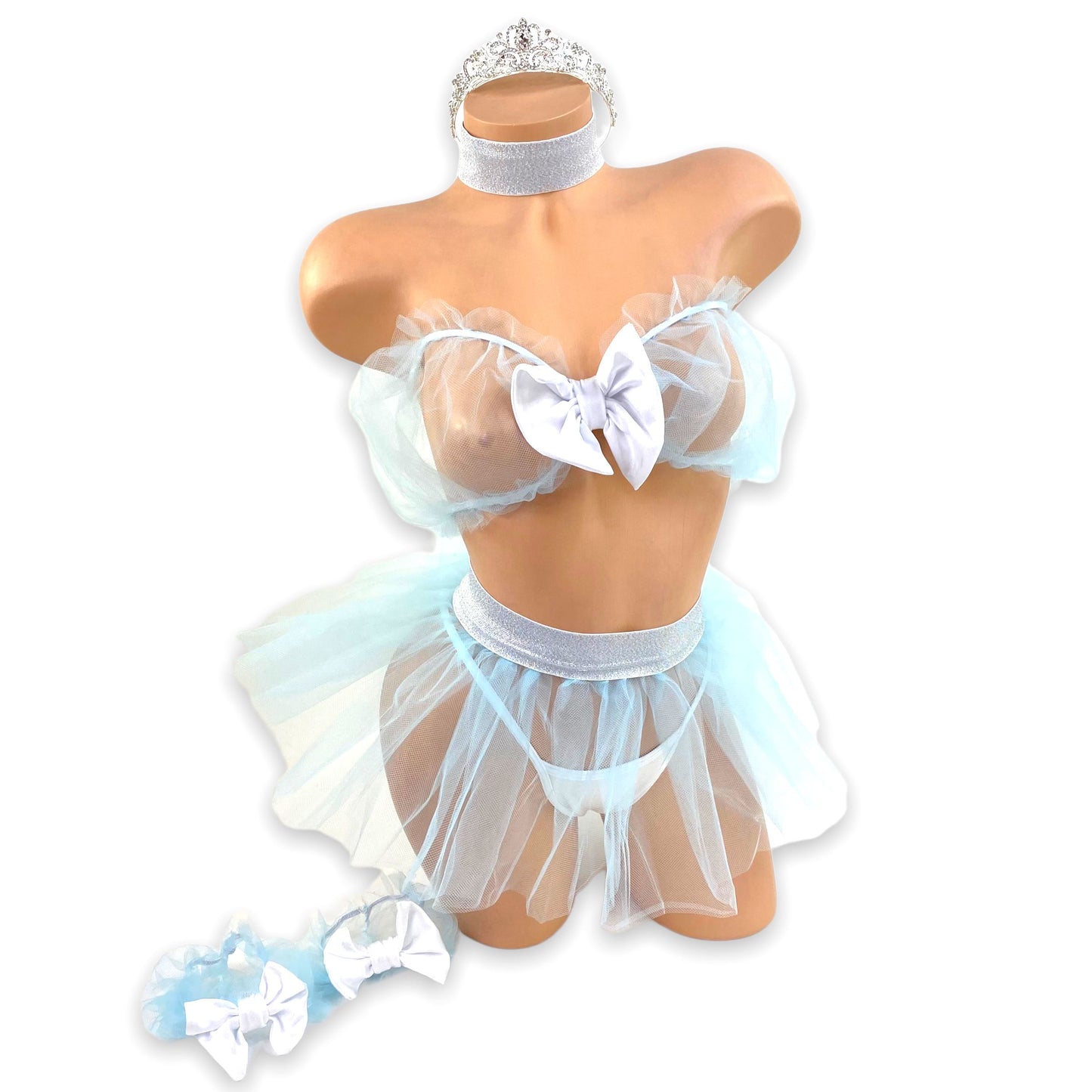 Blue Princess Costume baby blue bandeau set with crown, front view — Golddiggers Boutique exotic dancewear