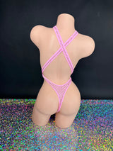 Bubble gum pink Ann criss-cross bodysuit, angled front view on dark background - Golddiggers Boutique