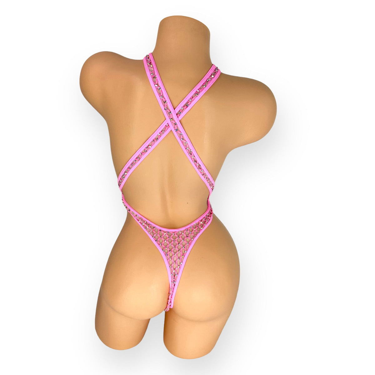 Bubble gum pink Ann criss-cross bodysuit, back view showing crossed straps and thong back - Golddiggers Boutique