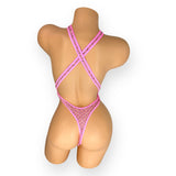 Bubble gum pink Ann criss-cross bodysuit, back view showing crossed straps and thong back - Golddiggers Boutique