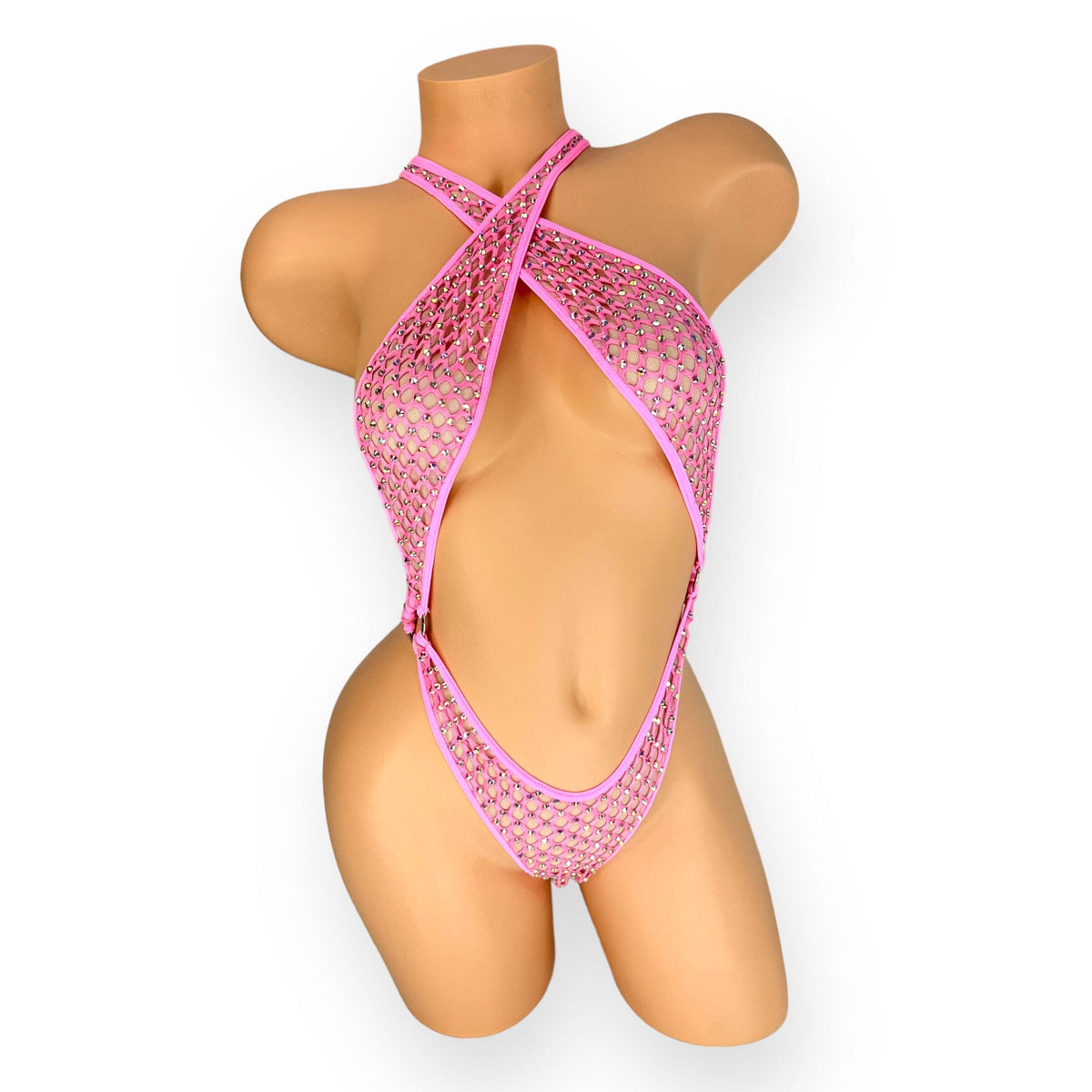 Bubble gum pink Ann rhinestone cabaret net criss-cross bodysuit, front view on white - Golddiggers Boutique