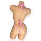 Bubble gum pink Katie 'kini, back view showing halter and back ties with g-string - Golddiggers Boutique