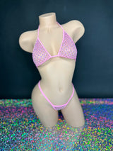 Bubble gum pink Katie rhinestone cabaret net 'kini, front view on dark background - Golddiggers Boutique