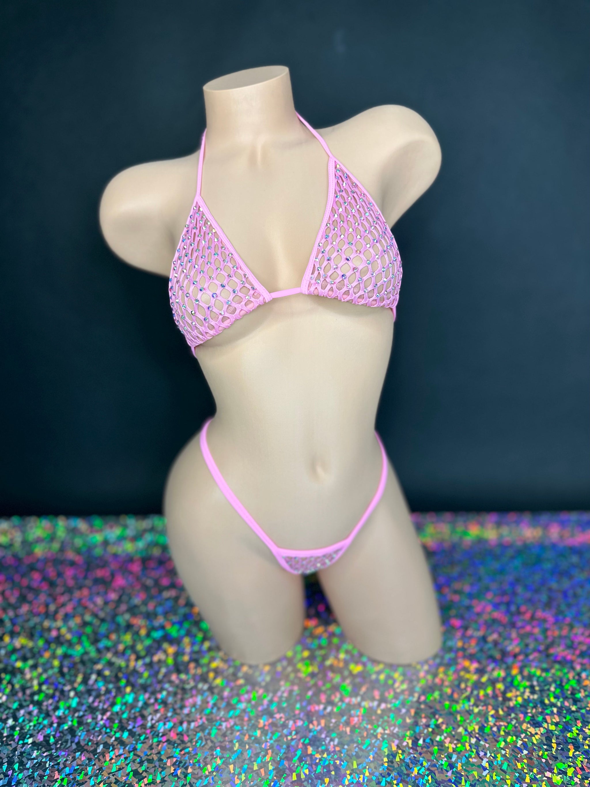Bubble gum pink Katie rhinestone cabaret net 'kini, front view on dark background - Golddiggers Boutique