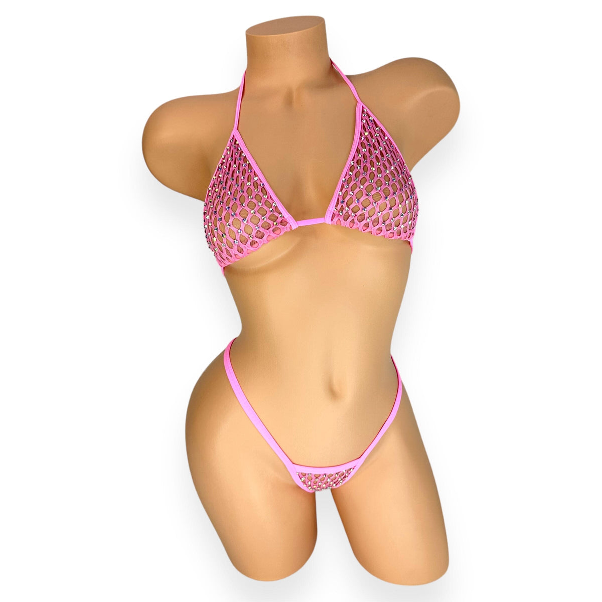 Bubble gum pink Katie rhinestone cabaret net triangle top and g-string, front view on white - Golddiggers Boutique