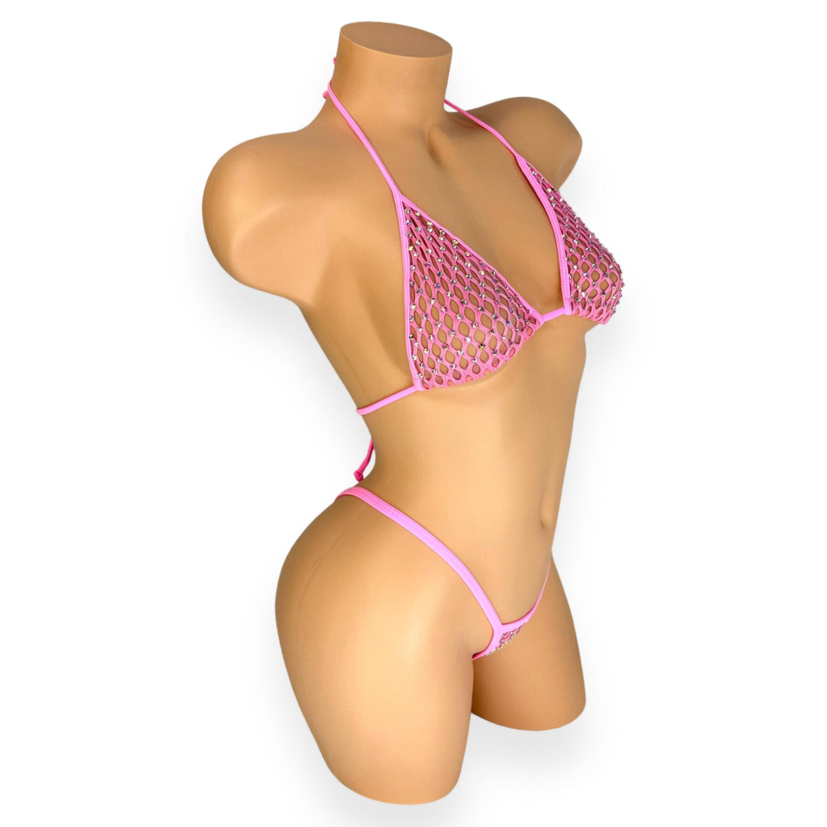 Bubble gum pink Katie rhinestone cabaret net 'kini, side view on white - Golddiggers Boutique
