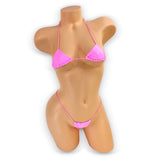 Bubble gum pink teeny tiny micro kini with triangle top and elastic straps, front view on mannequin — Golddiggers Boutique exotic dancewear
