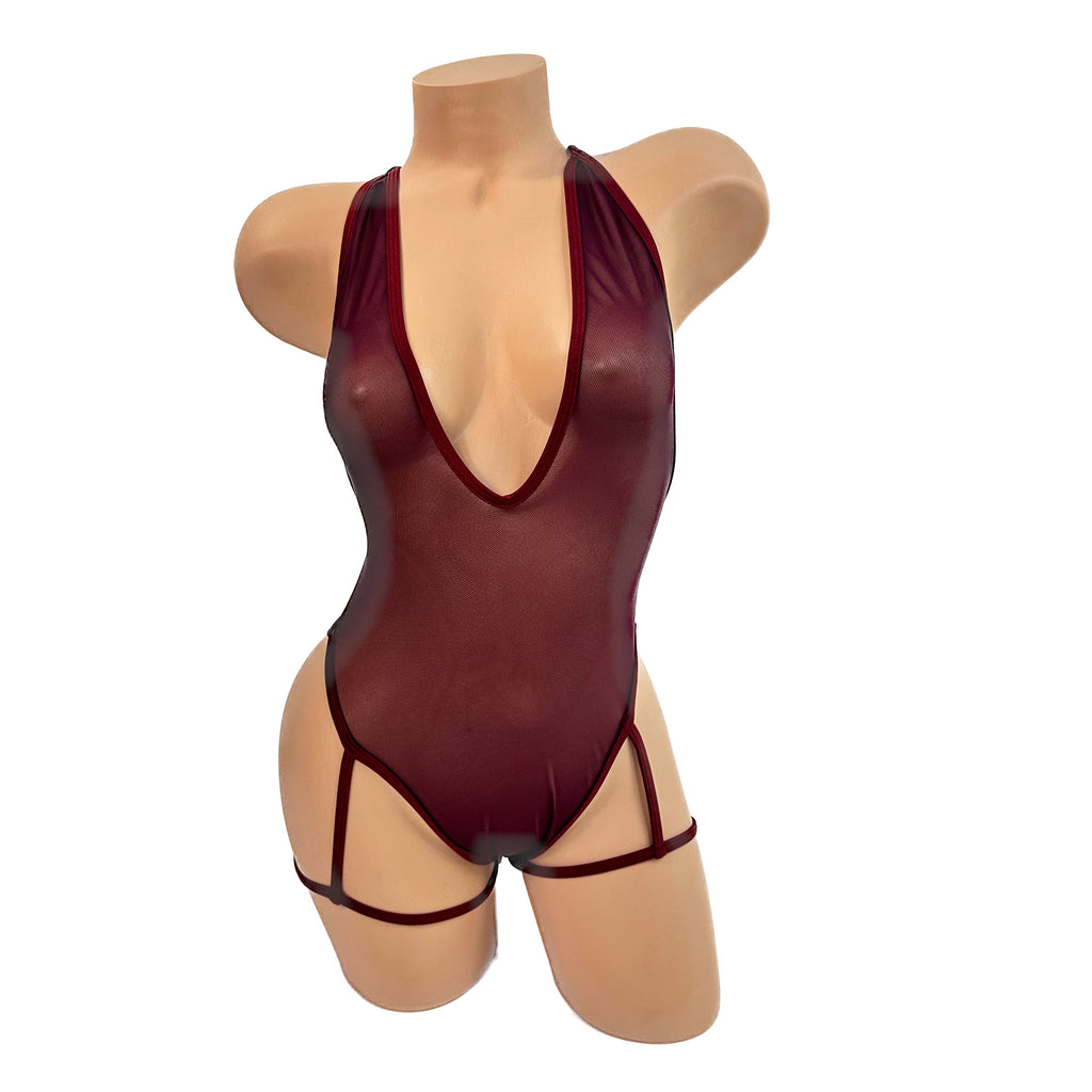 Burgundy Mesh Jessi-Lynn V-Neck Garter Bodysuit