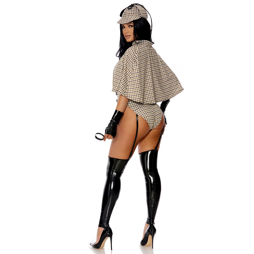Detective costume accessories including hat, gloves, bag and magnifying glass, flat lay — Golddiggers Boutique exotic dancewear