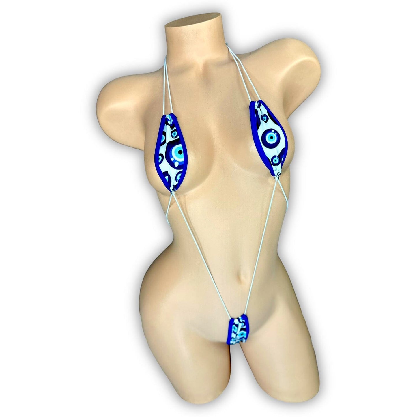 Evil Eye royal blue teeny tiny slingshot micro bikini set, front view — Golddiggers Boutique exotic dancewear