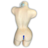 Evil Eye micro slingshot set with blue trim showing back thong detail — Golddiggers Boutique exotic dancewear