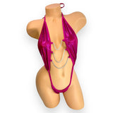 Donna fuchsia shimmer bodysuit with holographic chain front detail, front view — Golddiggers Boutique exotic dancewear