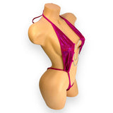 Donna fuchsia shimmer bodysuit holographic chain detailing, close-up view — Golddiggers Boutique exotic dancewear