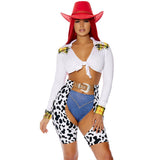 Giddy Up white and yellow tartan cowgirl costume set with cow printed chaps, front view — Golddiggers Boutique exotic dancewear