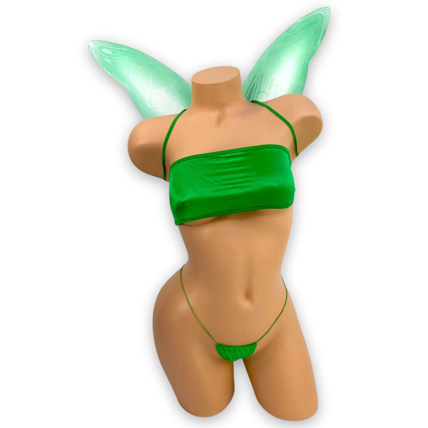 Green Fairy micro bikini set with fairy wings, back view — Golddiggers Boutique exotic dancewear