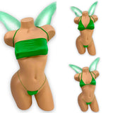 Green Fairy emerald micro bikini with detachable wings, front view — Golddiggers Boutique exotic dancewear
