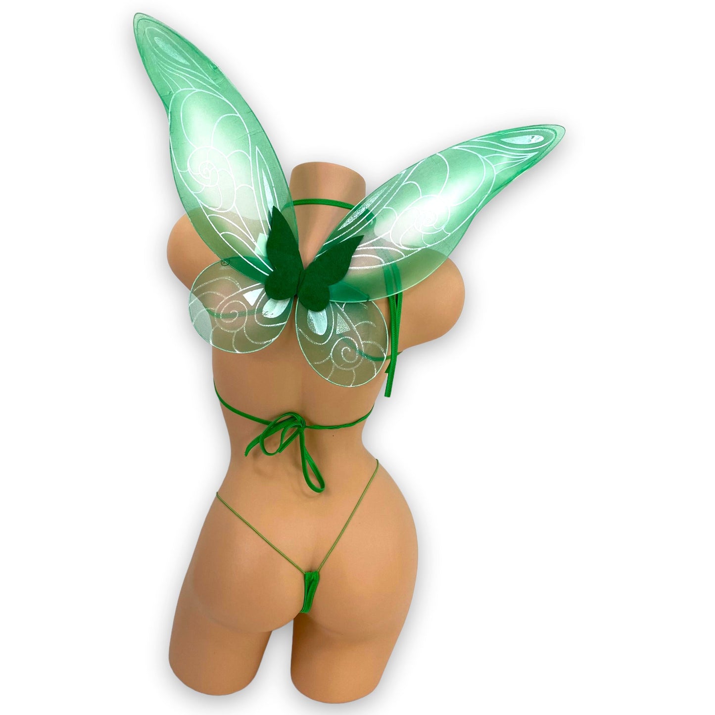 Green Fairy bikini set with wings flat lay — Golddiggers Boutique exotic dancewear