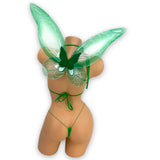 Green Fairy bikini set with wings flat lay — Golddiggers Boutique exotic dancewear
