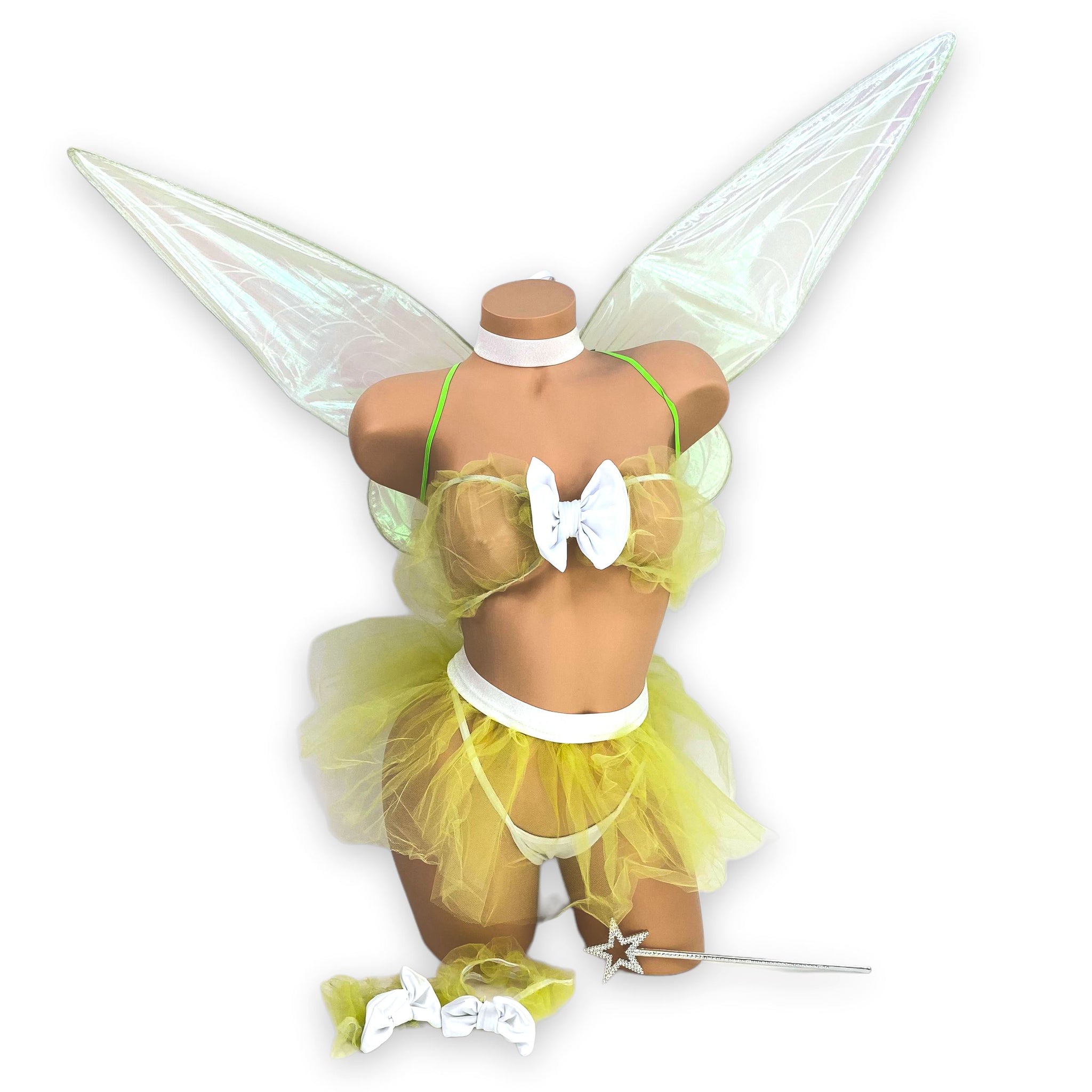 Green Magical Fairy complete costume set with choker and cuffs, flat lay — Golddiggers Boutique exotic dancewear