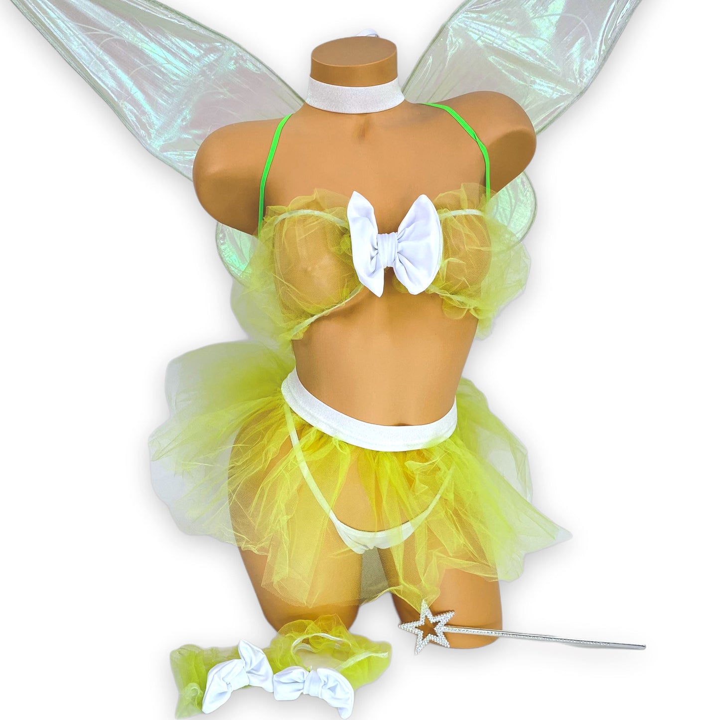 Green Magical Fairy costume set with bandeau top and mini skirt, front view — Golddiggers Boutique exotic dancewear