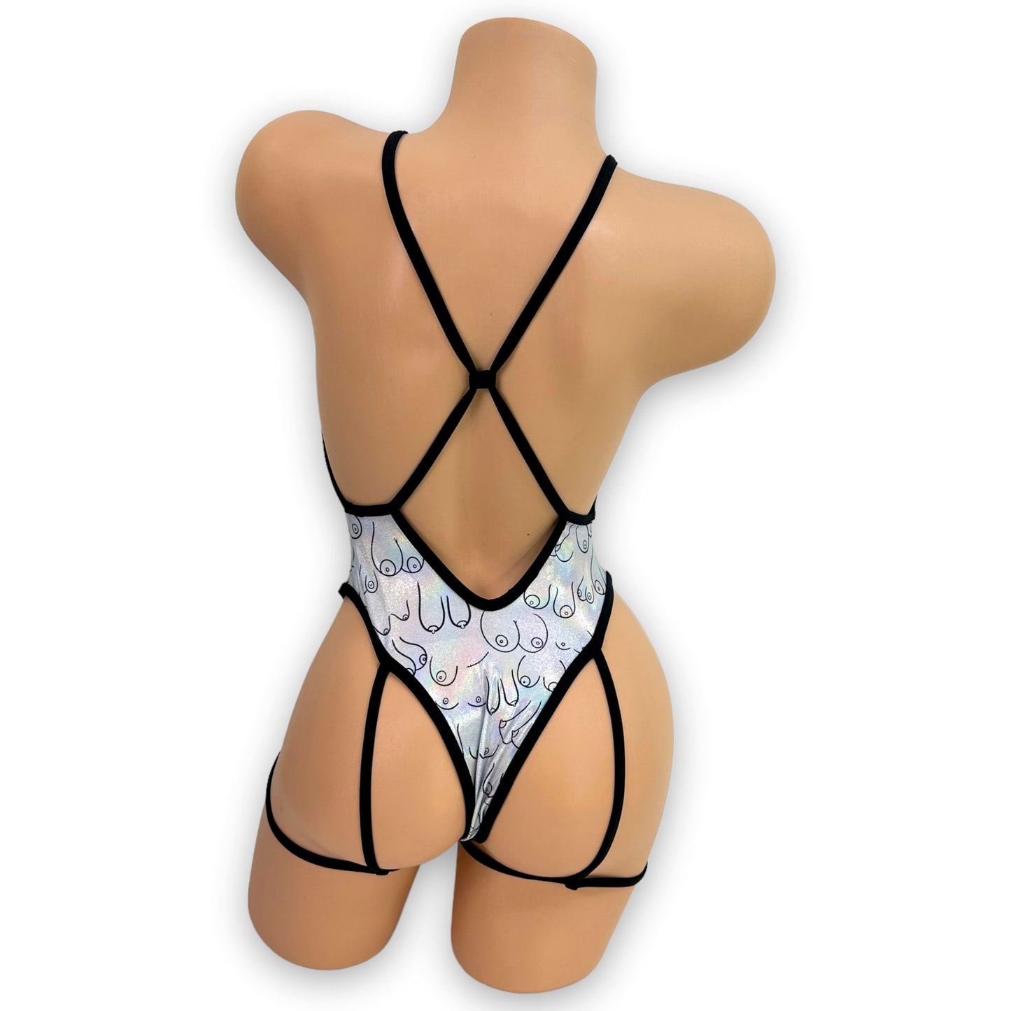 Jessi-Lynn holographic bodysuit thong back with attached garters, back view — Golddiggers Boutique exotic dancewear