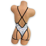 Jessi-Lynn holographic bodysuit thong back with attached garters, back view — Golddiggers Boutique exotic dancewear