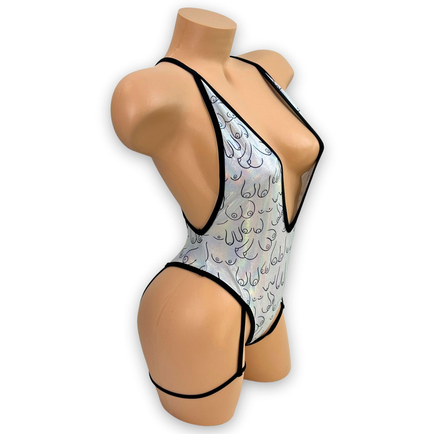 Jessi-Lynn silver holographic garter bodysuit close-up detail — Golddiggers Boutique exotic dancewear