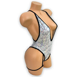 Jessi-Lynn silver holographic garter bodysuit close-up detail — Golddiggers Boutique exotic dancewear