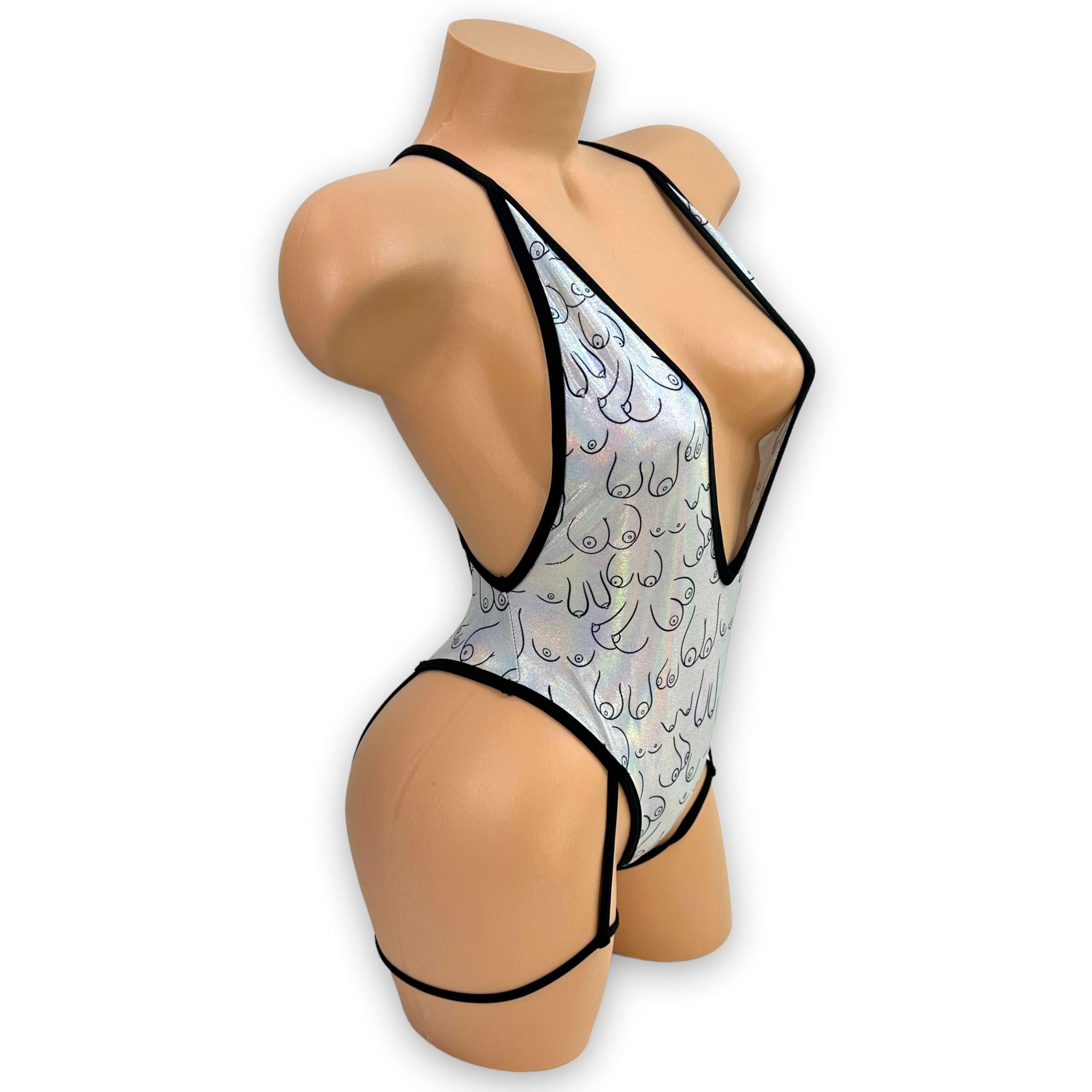 Jessi-Lynn silver holographic garter bodysuit close-up detail — Golddiggers Boutique exotic dancewear