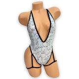Jessi-Lynn silver holographic garter bodysuit with v-neck, front view — Golddiggers Boutique exotic dancewear