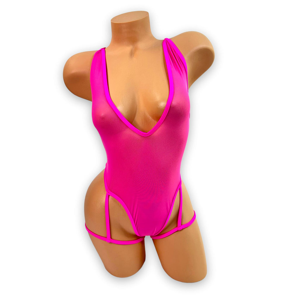 Hot Pink Mesh Jessi-Lynn V-Neck Garter Bodysuit