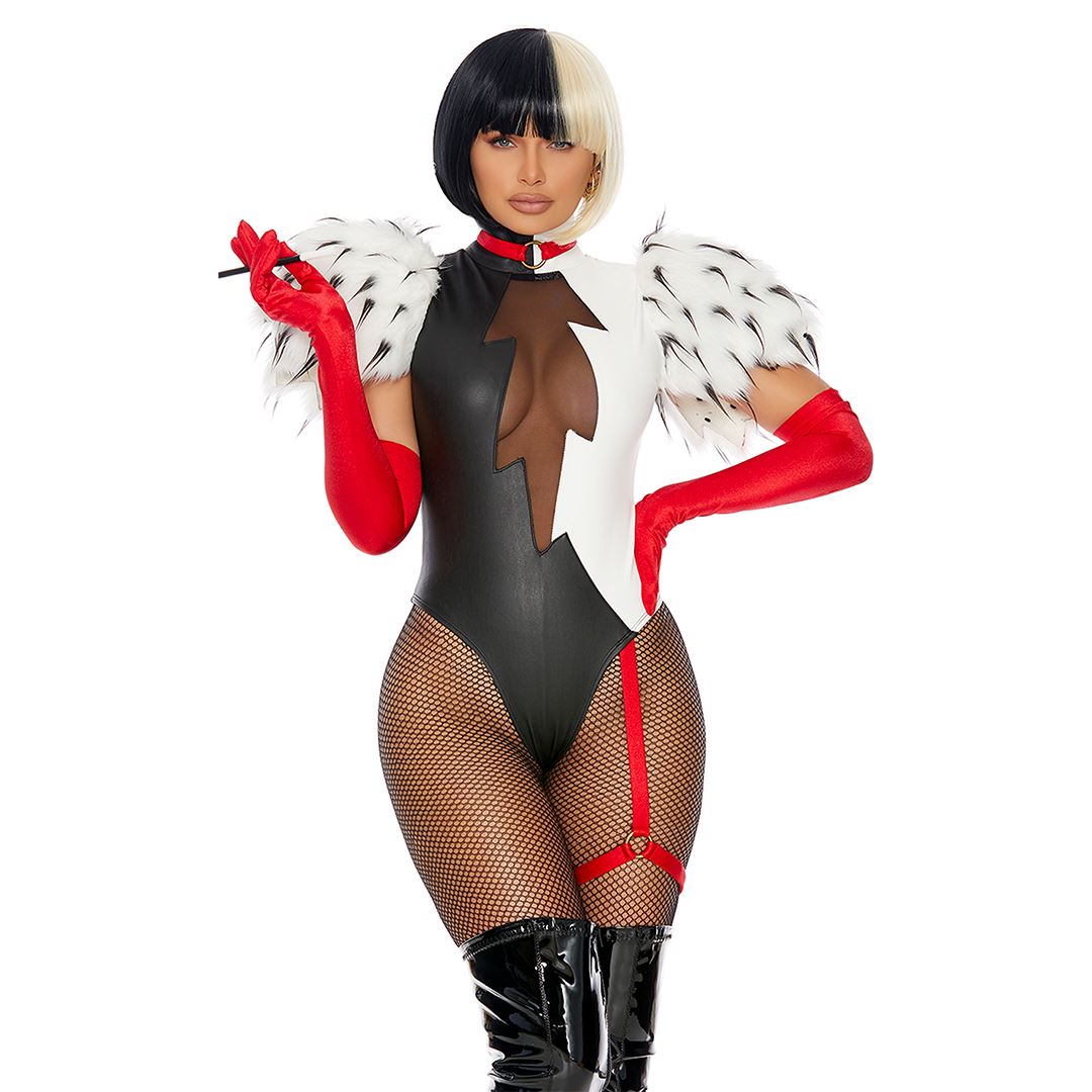 Keep It Cruel black and white pleather Halloween costume with red gloves, front view — Golddiggers Boutique exotic dancewear