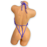 Chloe fuzzy purple bodysuit thong back detail, back view — Golddiggers Boutique exotic dancewear