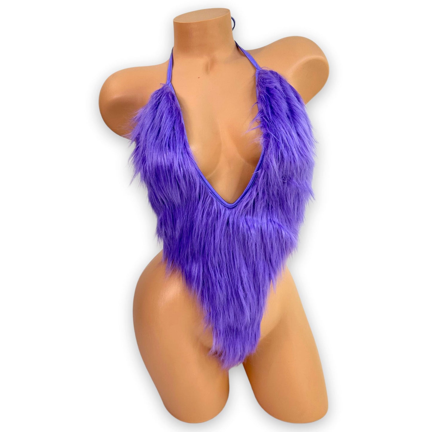Chloe lilac faux fur bodysuit with tie back, front view — Golddiggers Boutique exotic dancewear