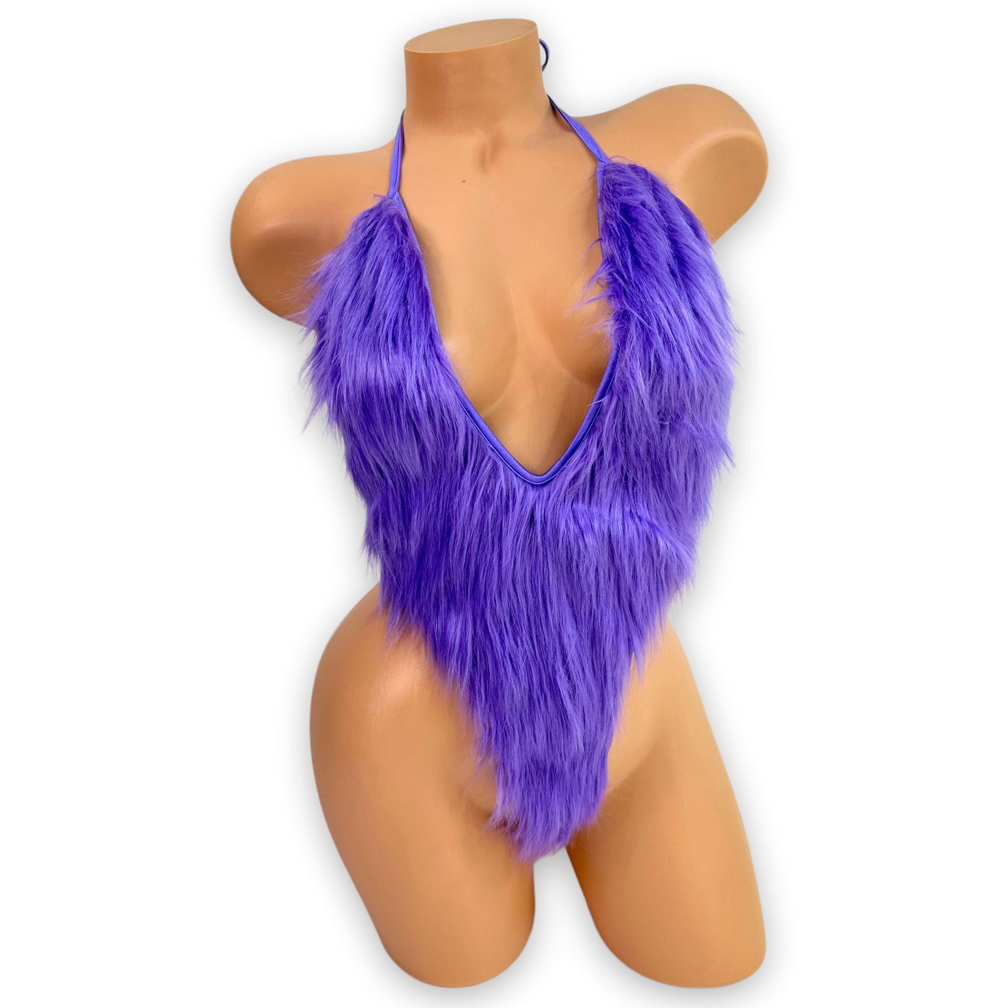Chloe lilac faux fur bodysuit with tie back, front view — Golddiggers Boutique exotic dancewear