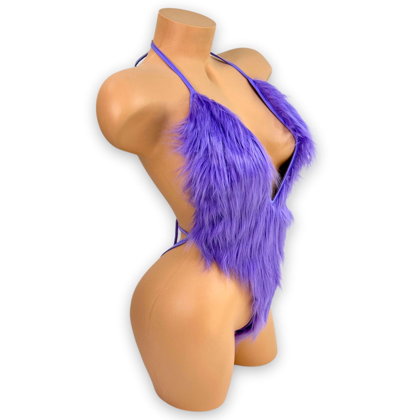 Chloe lilac fuzzy bodysuit tie closure detail, close-up — Golddiggers Boutique exotic dancewear