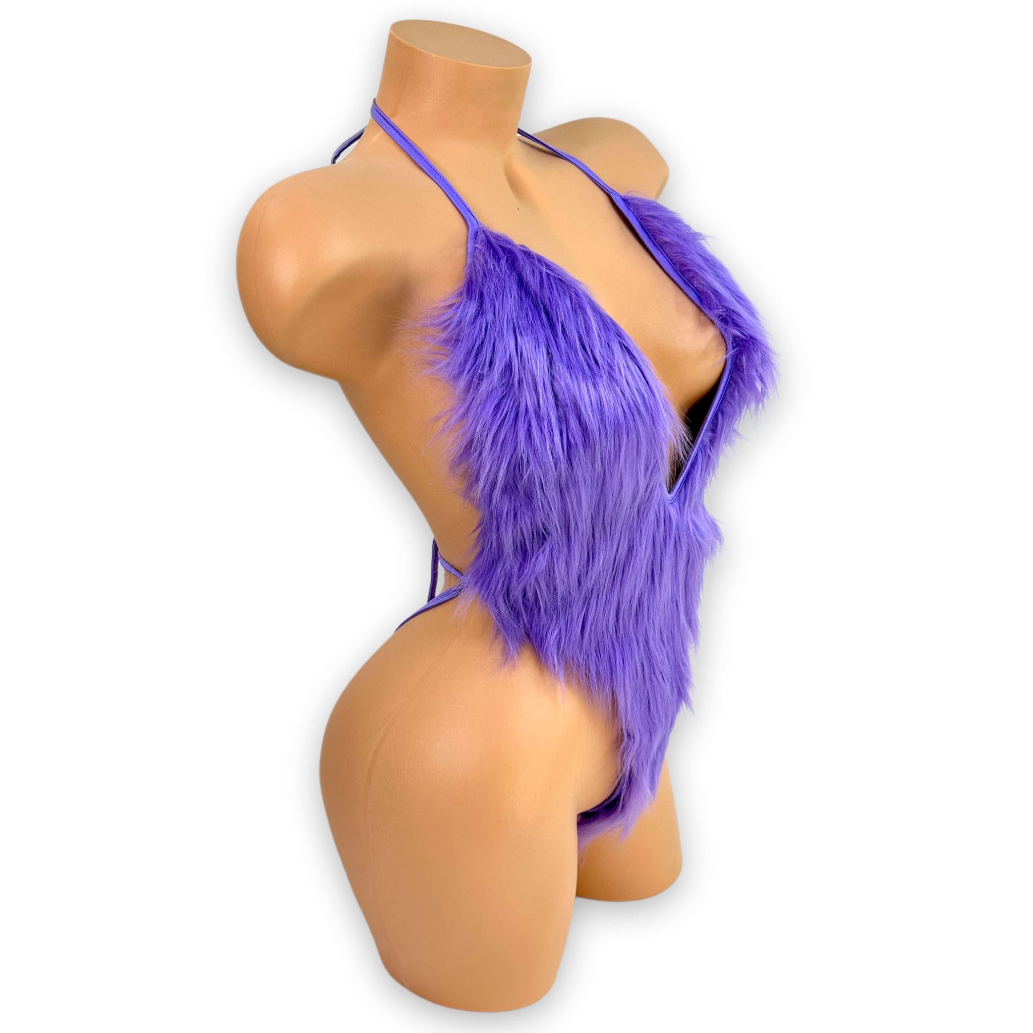 Chloe lilac fuzzy bodysuit tie closure detail, close-up — Golddiggers Boutique exotic dancewear