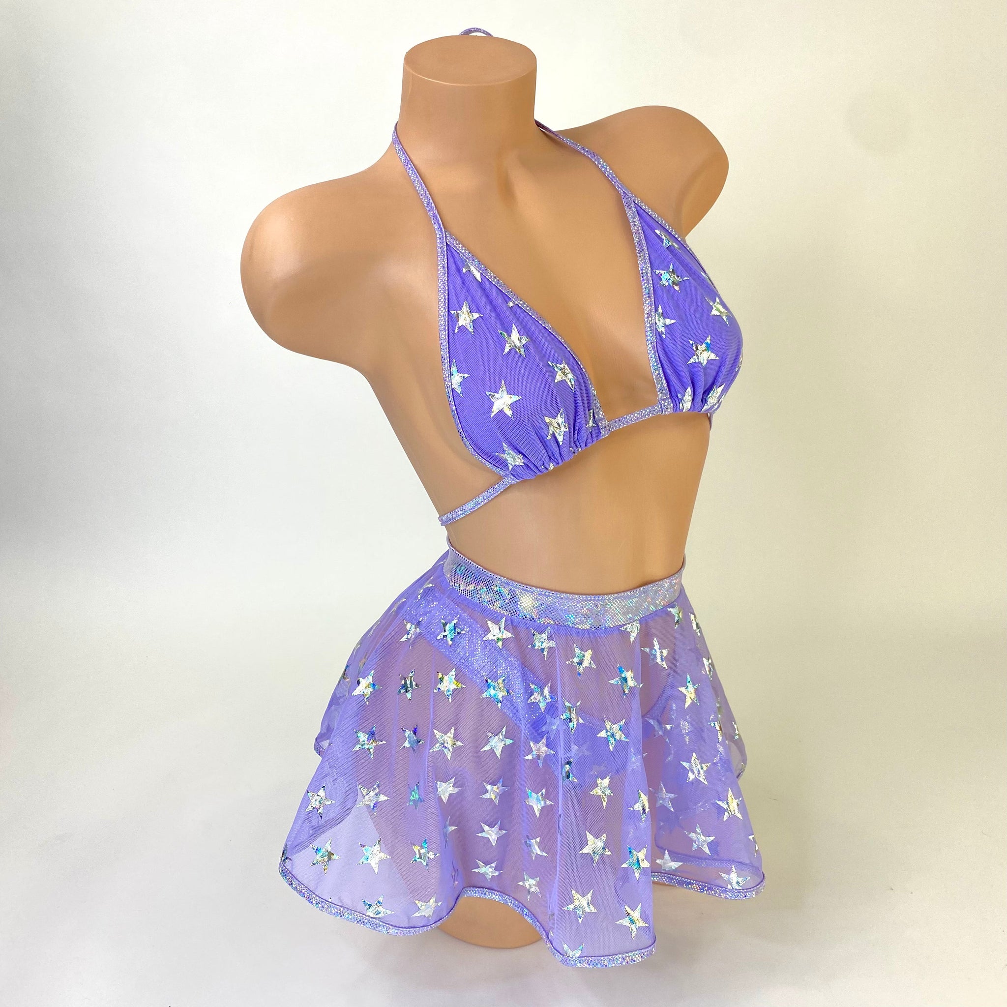 Stardust holographic trim detail on lilac mesh, close-up — Golddiggers Boutique exotic dancewear