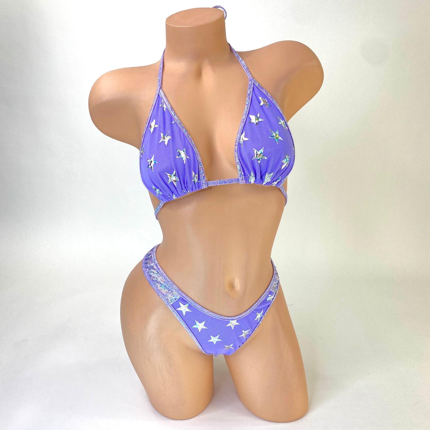 Stardust lilac triangle top with holographic trim, close-up — Golddiggers Boutique exotic dancewear