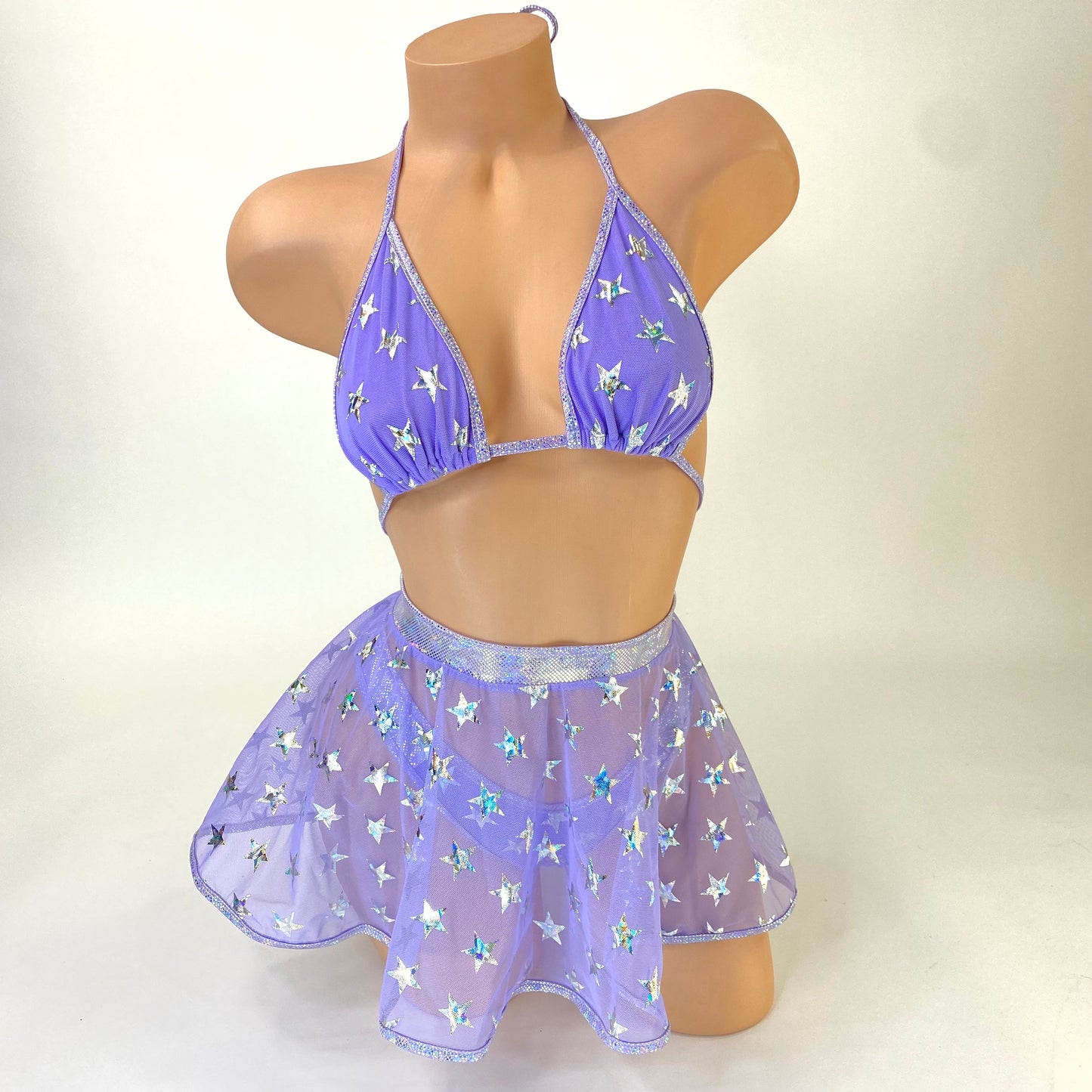 Stardust lilac star detail mini skirt set, full outfit — Golddiggers Boutique exotic dancewear