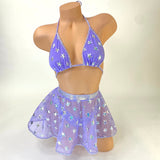 Stardust lilac star detail mini skirt set, full outfit — Golddiggers Boutique exotic dancewear