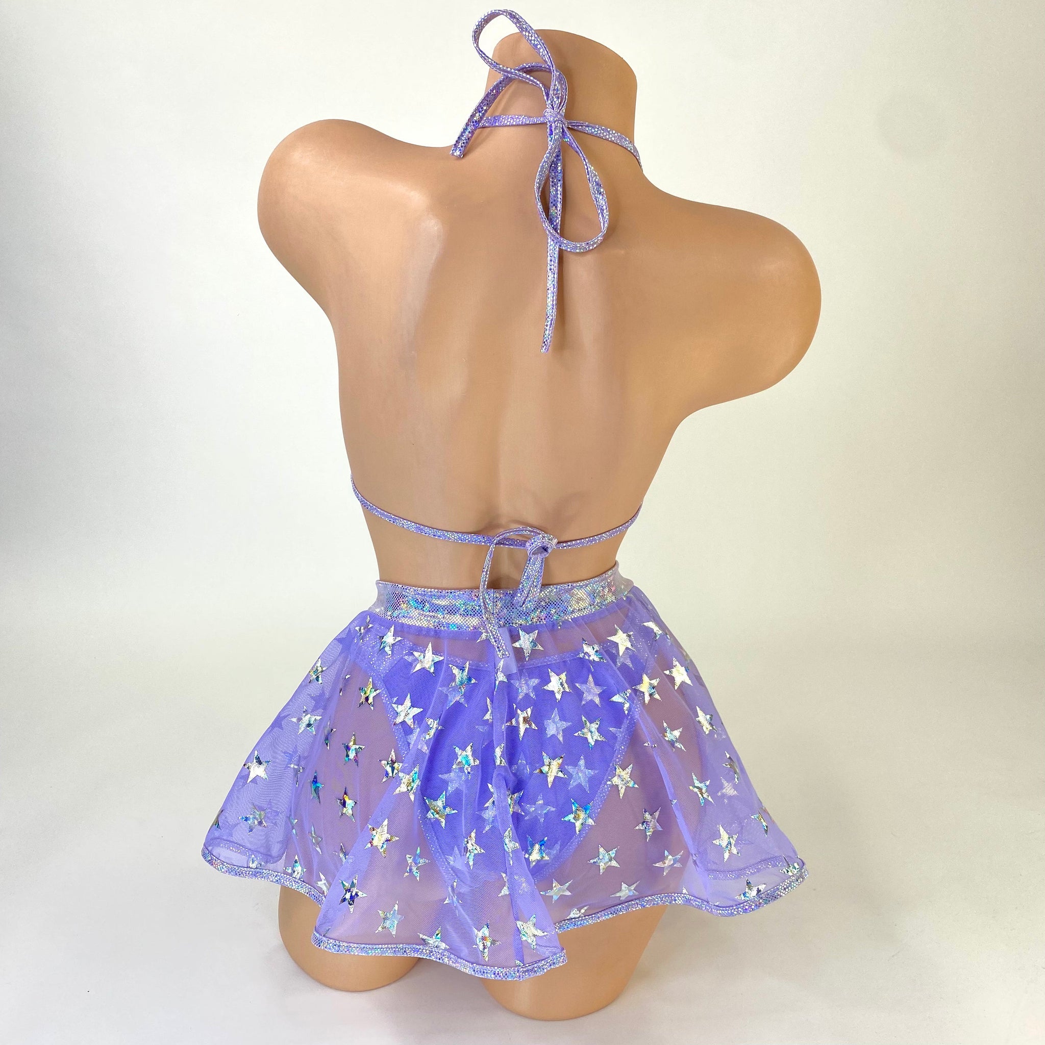 Stardust complete 3-piece lilac mesh set, flat lay — Golddiggers Boutique exotic dancewear