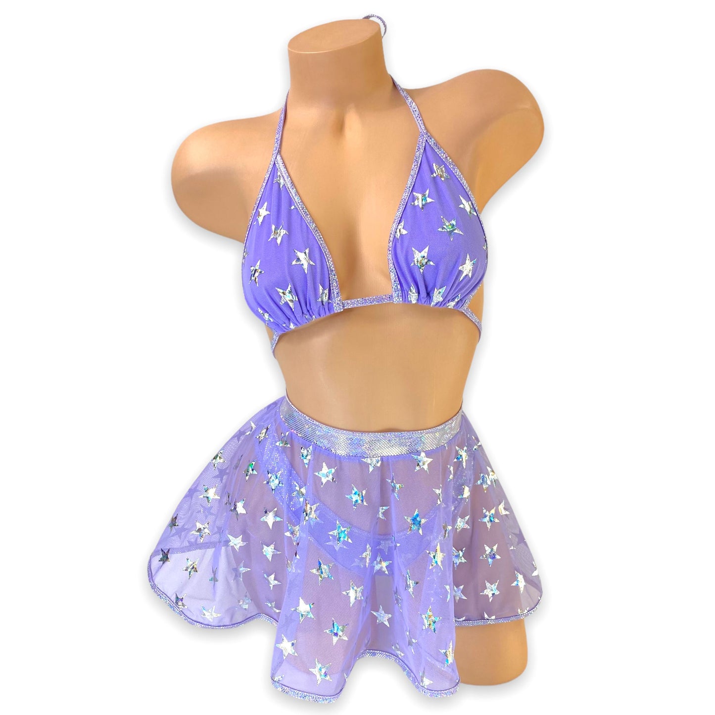 Stardust lilac mesh star detail mini skirt set, front view — Golddiggers Boutique exotic dancewear